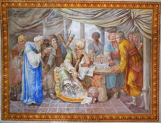 A painting depicting the scenes of the Ibadat Khana