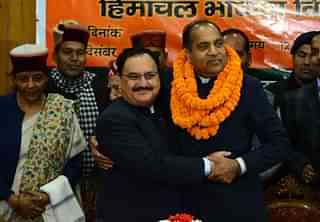 Union health minister JP Nadda congratulate the elected chief minister Jai Ram Thakur. (Deepak Sansta/Hindustan Times via Getty Images)