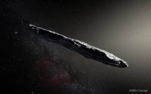 Artist’s concept of interstellar asteroid 1I/2017 U1 (‘Oumuamua) as it passed through the solar system after its discovery in October 2017. (European Southern Observatory/M. Kornmesser)