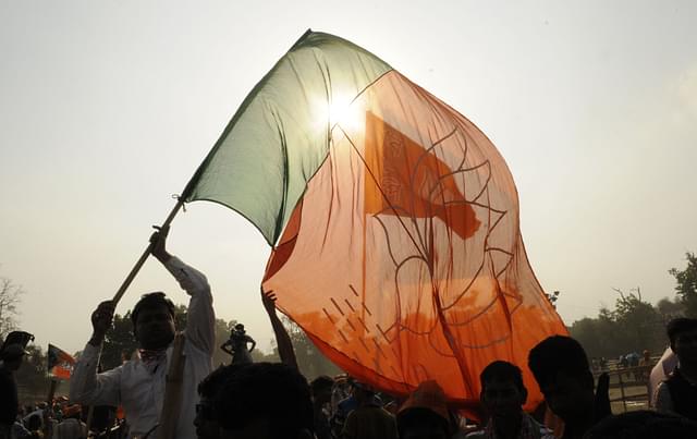 BJP support with party flag during election campaign rally. (Samir Jana/Hindustan Times via Getty Images)