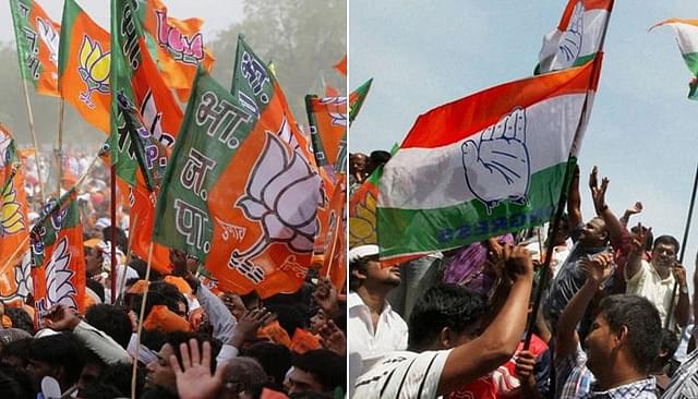 People take part in Bharatiya Janata Party, left, and Congress rallies.