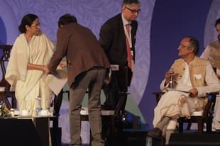 Bengal Chief Minister Mamata Banerjee and Finance Minister Amit Mitra at the Bengal Global Business Summit 2016 in Kolkata. (Indranil Bhoumik/Mint via Getty Images)