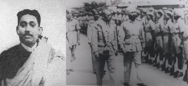 (L) Rash Behari Bose. (R) An aged Rash Behari Bose inspects INA, which he handed over to Netaji.