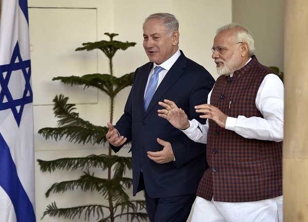 Indian Prime Minister Narendra Modi and Israeli Prime Minister Benjamin Netanyahu seen prior to a delegation-level talks, at Hyderabad House in New Delhi, India. (Ajay Aggarwal/Hindustan Times via Getty Images)