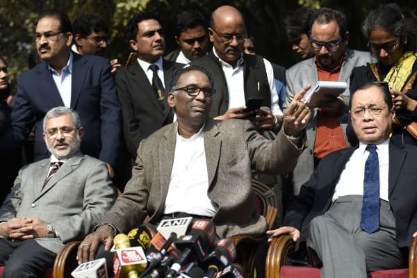 Supreme Court Judges Kurian Joseph, J Chelameswar, Ranjan Gogoi addressing the media in New Delhi. (Arvind Yadav/Hindustan Times via Getty Images)