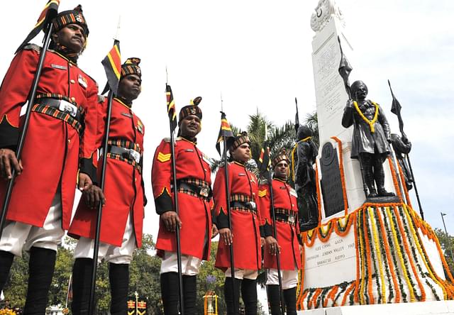 Mounted guards during a ceremony to honor World War-I Indian cavalry martyrs at Teen Murti. (Vipin Kumar/Hindustan Times via Getty Images)
