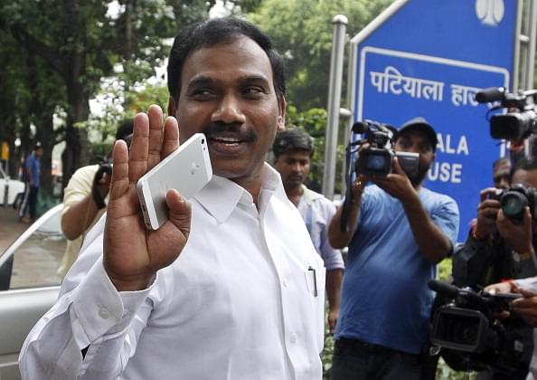 Former Union minister A Raja leaves the Patiala House Court complex after the hearing in the 2G case in New Delhi. (Sanjeev Verma/Hindustan Times via GettyImages)&nbsp;