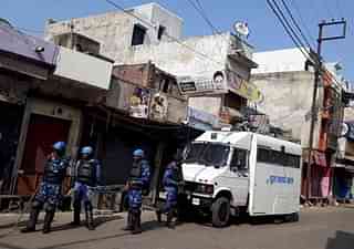 Security forces patrol areas near Kasganj in Uttar Pradesh. 