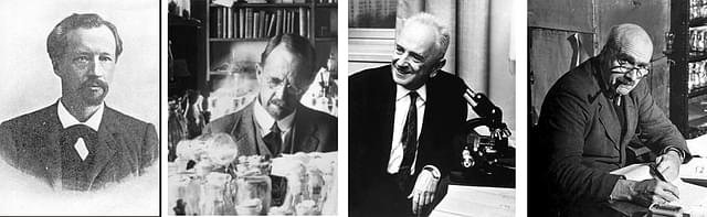 (L to R): Hugo de Vries, Thomas Morgan, Theodosius Dobzhansky, J B S Haldane: The science of life was enriched by the synthesis of Darwinian evolution and Mendelian genetics.