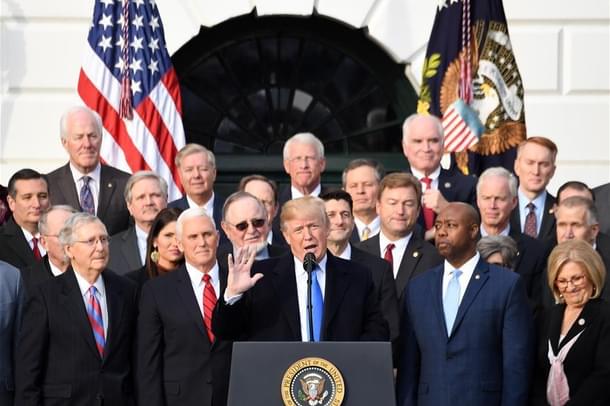United States President Donald Trump speaks at an event celebrating the passage of the tax bill.