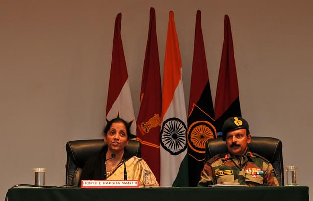 Defence Minister Nirmala Sitharaman addressing at a press conference on terror on 12 February 2018 (Nitin Kanotra /Hindustan Times via Getty Images)