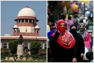 A view of the Supreme Court and Muslim women walk across a busy street in New Delhi. 