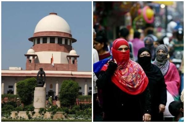 A view of the Supreme Court and Muslim women walk across a busy street in New Delhi. 