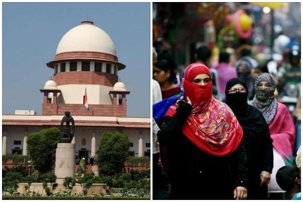 A view of the Supreme Court and Muslim women walk across a busy street in New Delhi.&nbsp;