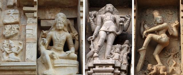 (L to R) Shiva burns Kama, Shiva as the seductive Bhikshaatana, Shiva as Nataraja