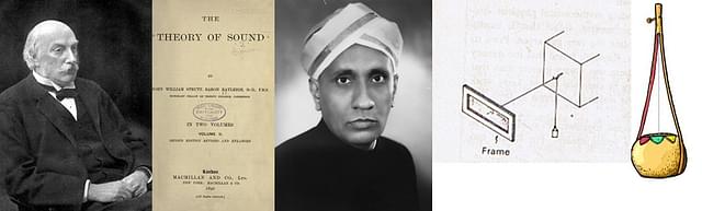(L to R) Lord Rayleigh, Raman, the instrument made by Raman to repeat Rayleigh phenomenon, Ekatara which also uses the same principle.