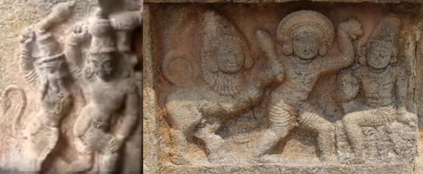 Purusha Mirugham chasing Bhima and then with Yudhistra giving justice (Left: Munchirai Siva temple, Kanyakumari district; Right: Iravatheeswara temple, Darasuram)