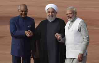 Iranian President Dr. Hassan Rouhani with President Ramnath Kovind and PM Narendra Modi during a ceremonial reception at Rashtrapati Bhavan, on February 17, 2018 in New Delhi, India. (Photo by Vipin Kumar/Hindustan Times via Getty Images)