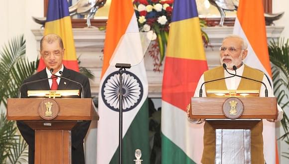 Prime Minister Narendra Modi and former Seychelles president James Michel at a joint press conference. (Business Standard)