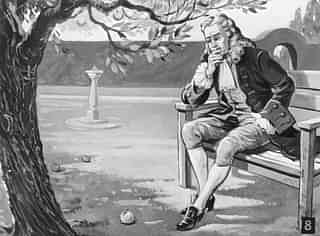 English mathematician and physicist Isaac Newton contemplates the force of gravity, as the famous story goes, on seeing an apple fall in his orchard. (Hulton Archive/Getty Images)&nbsp;