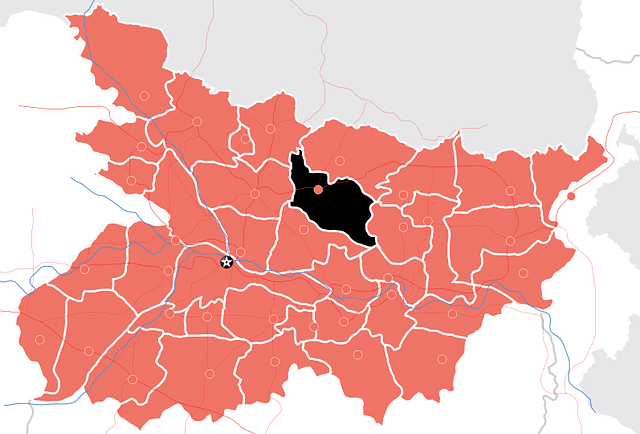 Darbhanga town (red dot) in the Darbhanga district (in black) in Bihar (Haros/Wikimedia Commons)