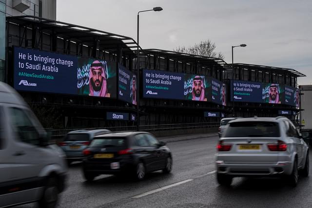 Electronic billboards show adverts for Saudi Crown Prince Mohammed bin Salman with the hashtag ‘#ANewSaudiArabia’ in London (Chris J Ratcliffe/Getty Images)