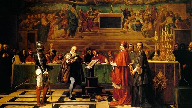 A later day painting depicting Galileo before Catholic Inquisition.