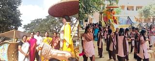Srinivasan in front of the rath, and right, some of the students taking part in the celebrations.