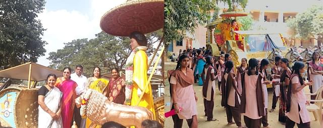 Srinivasan in front of the rath, and right, some of the students taking part in the celebrations.