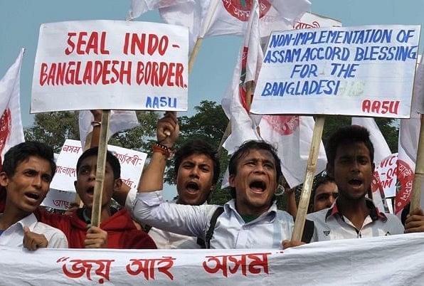 Members of a student union take part in a demonstration against illegal immigrants from Bangladesh. (time8.in)