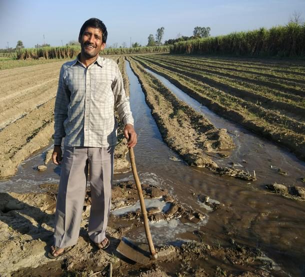 Satender on his field before and after the good crop