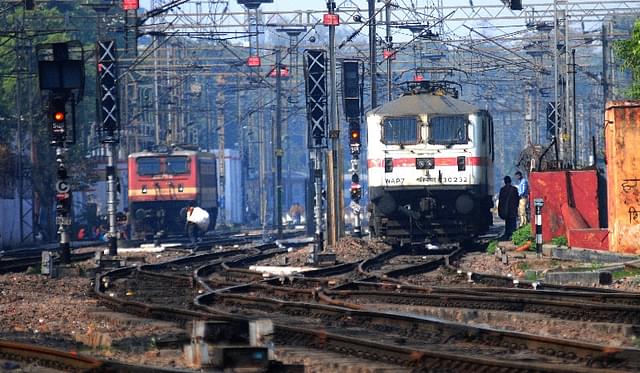 Railway train engines on the tracks at New Delhi Station. (Ramesh Pathania/Mint via Getty Images)