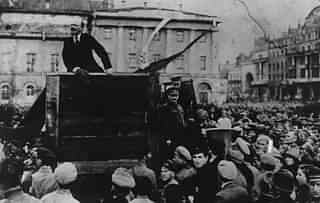 Vladimir Lenin  giving a speech in to men of the Red Army leaving for the front, during the Polish-Soviet War, Sverdlov Square (now Theatre Square), Moscow, 5th May 1920. (Keystone/Getty Images)