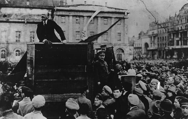 Vladimir Lenin  giving a speech in to men of the Red Army leaving for the front, during the Polish-Soviet War, Sverdlov Square (now Theatre Square), Moscow, 5th May 1920. (Keystone/Getty Images)