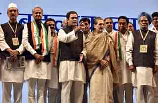 Congress Party president Rahul Gandhi, Sonia Gandhi, Ghulam Nabi Azad and Dr Manmohan Singh and other leaders during the second day of the 84th Plenary Session of Indian National Congress at the Indira Gandhi stadium, on 18 March 2018 in New Delhi. (Sonu Mehta/Hindustan Times via Getty Images)