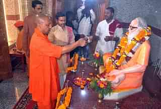 Yogi Adityanath performing puja of Brammhlin Guru Awaidhnath at Gorakhnath Temple on his first visit to his hometown after becoming CM in 2017