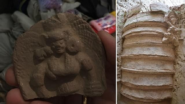 Artifact of a woman, left, and ring well of Mauryan era discovered in 2014, right.