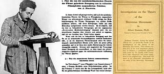 Albert Einstein (around 1905-1908) and his paper on Brownian movement along with the English translation.