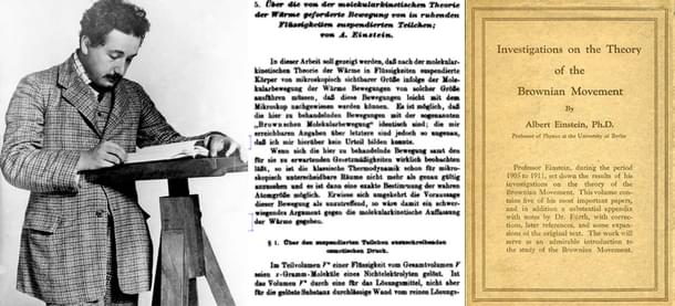 Albert Einstein (around 1905-1908) and his paper on Brownian movement along with the English translation.