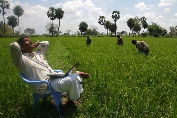 An agriculturist sits with his laptop in Kadiramangalam, a small village in the Kaveri Delta. (Satish Bate/Hindustan Times via GettyImages)