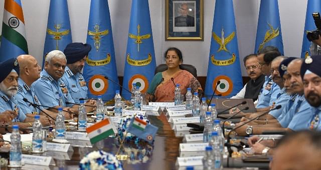 Defence Minister Nirmala Sitharaman addresses the Air Force Commanders. (Sushil Kumar/Hindustan Times via Getty Images)