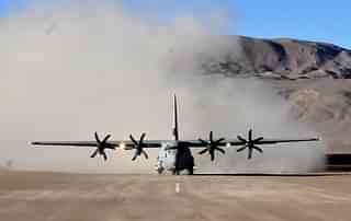 C-130J Super Hercules transport aircraft landing in Ladakh. (@ShivAroor/Twitter)