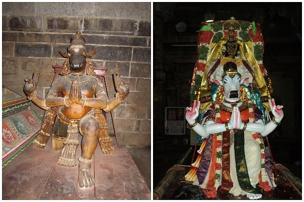 The <i>vahanam</i> before (L) and after (R) restoration