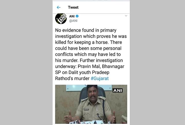 An ANI tweet which proved the story behind the murder of the said dalit youth false