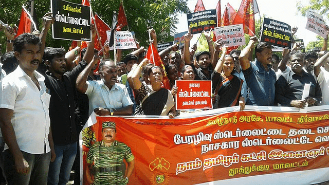 A banner during the protest against Sterlite plant’s operation in Tuticorin with the late LTTE leader Prabhakaran’s image. (Naam Tamizhar Twitter account.)