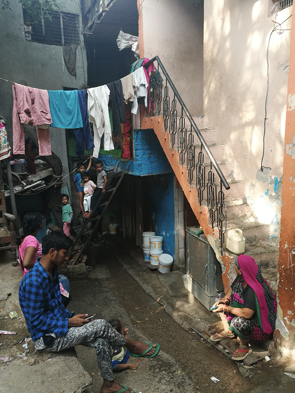 Most of the residents at Jagadamba camp use community cab to fill drinking water which is stored for days outside their homes. They say they don’t have any option but to store water like this. 