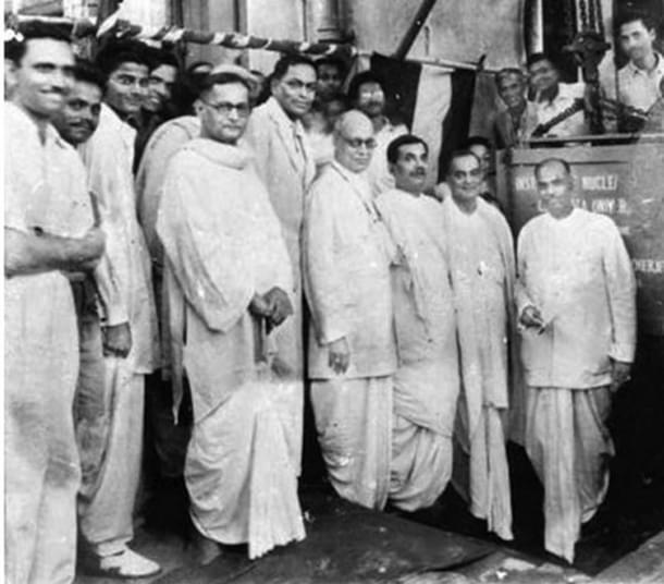 Dr Mookerjee laying the foundation for India’s first nuclear institution. Dr Saha is standing nearby.