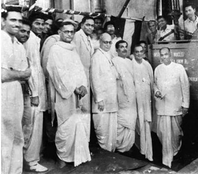 Dr Mookerjee laying the foundation for India’s first nuclear institution. Dr Saha is standing nearby.