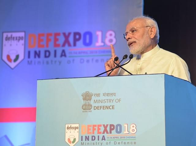 PM Narendra Modi speaks at the DEFEXPO 2018.&nbsp;