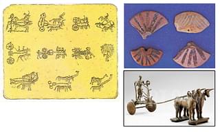 (Left) Uzbek Petroglyphs dating from second and third millennium BCE showing chariots - this innovation was said to have spread both agriculture and IE languages. (T.V.Gamkrelidze &amp; Ivanov, <i>Scientific American</i>, March, 1990) (Right) Both wheels with spokes and one-seater chariots were known to Harappan in the same second millennium BCE.&nbsp;